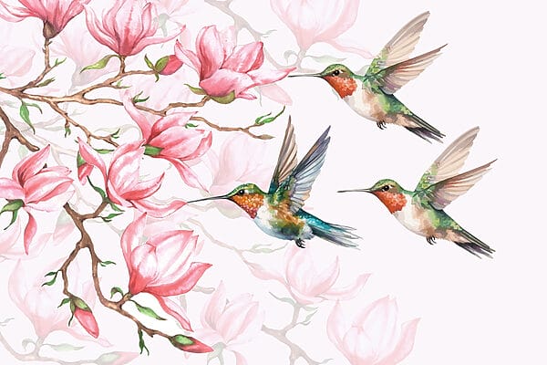 Grupo de colibríes volando junto a flores Grupo de colibríes volando junto a flores