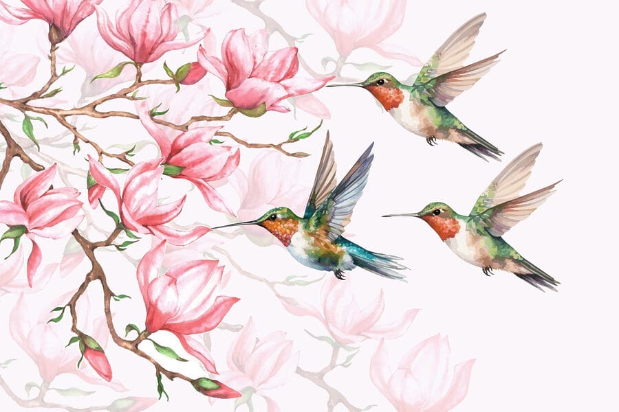 Grupo de colibríes volando junto a flores
