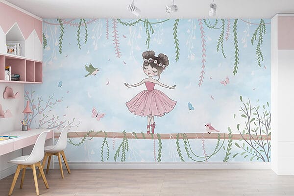 Fotomurales Fotomurales Niña con vestido rosa en una rama (SKU: w03003)