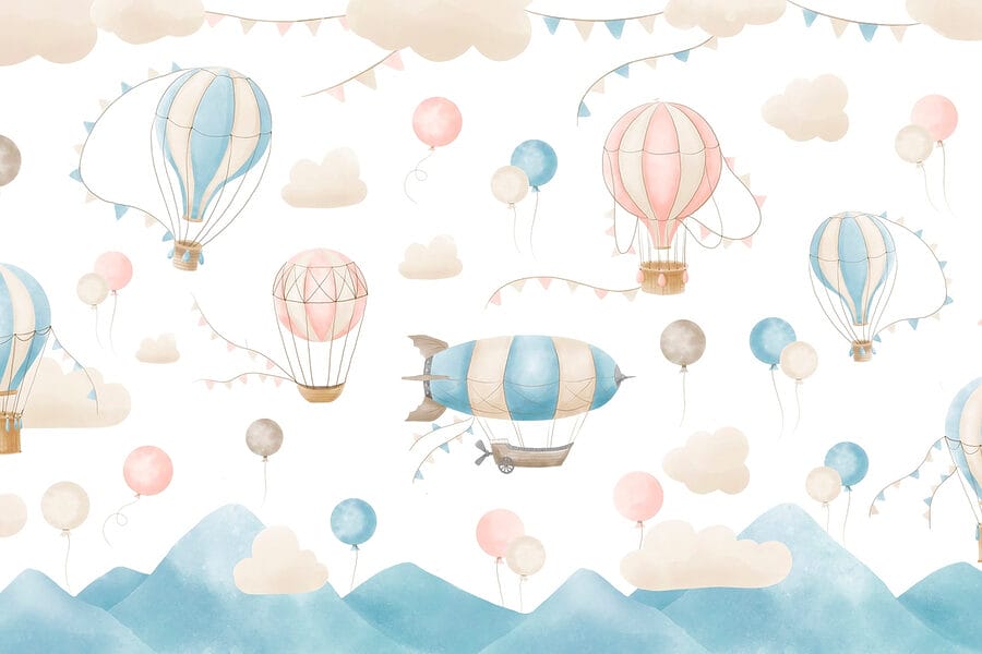 Grupo de globos aerostáticos y banderas