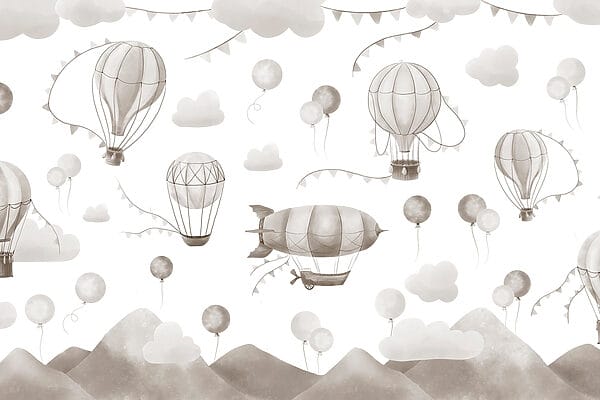 Pattern of hot air balloons and mountains