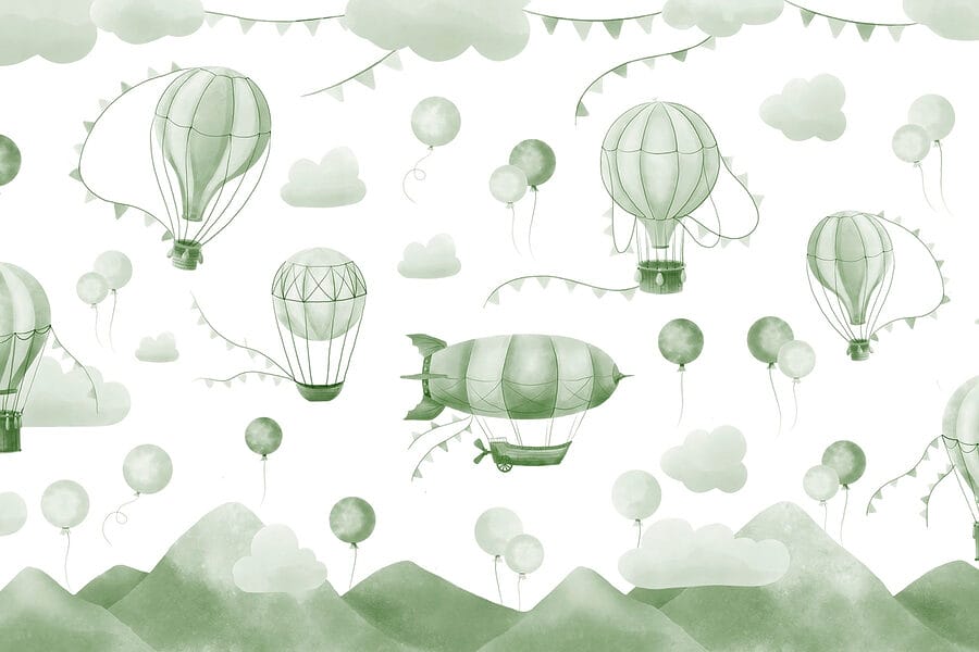 Fondo verde y blanco con globos y montañas