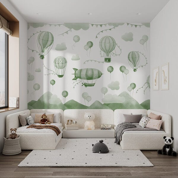 Fondo verde y blanco con globos y montañas Fondo verde y blanco con globos y montañas