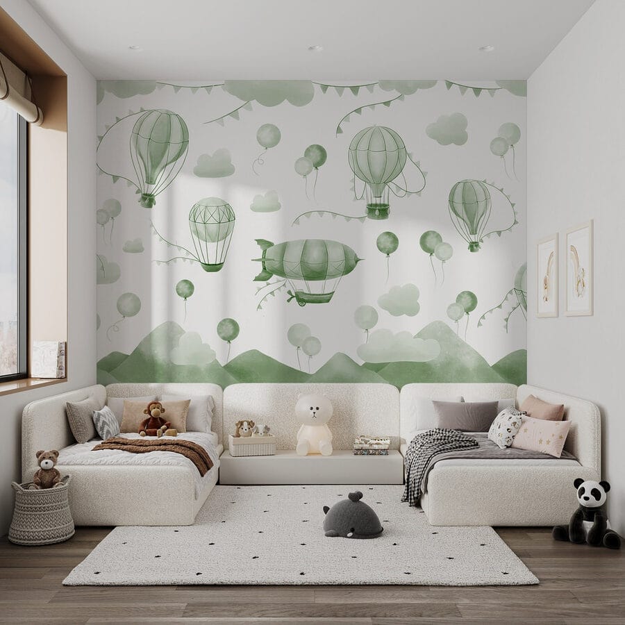 Fondo verde y blanco con globos y montañas