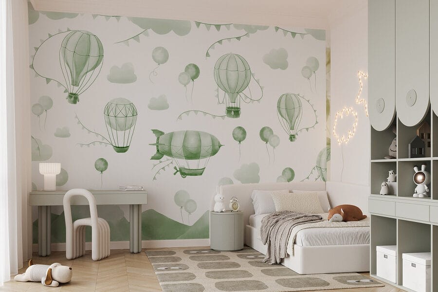 Fondo verde y blanco con globos y montañas