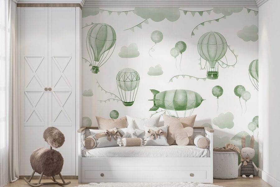 Fondo verde y blanco con globos y montañas