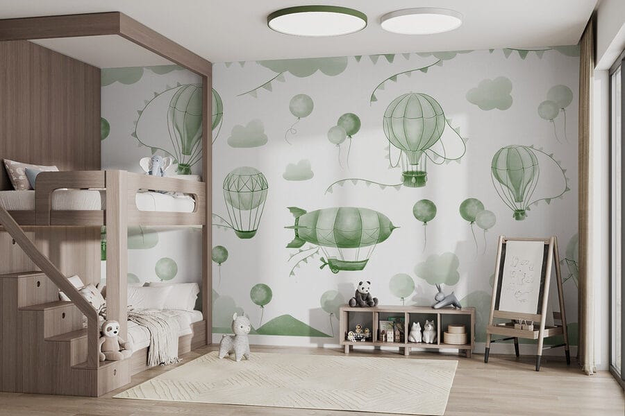Fondo verde y blanco con globos y montañas