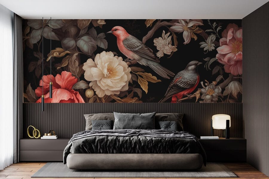 Pintura de pájaros sobre flores