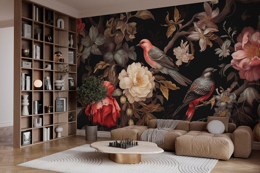 Pintura de pájaros sobre flores