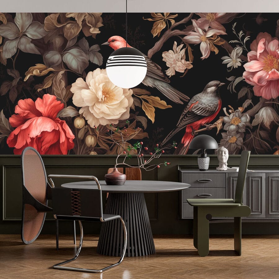 Pintura de pájaros sobre flores