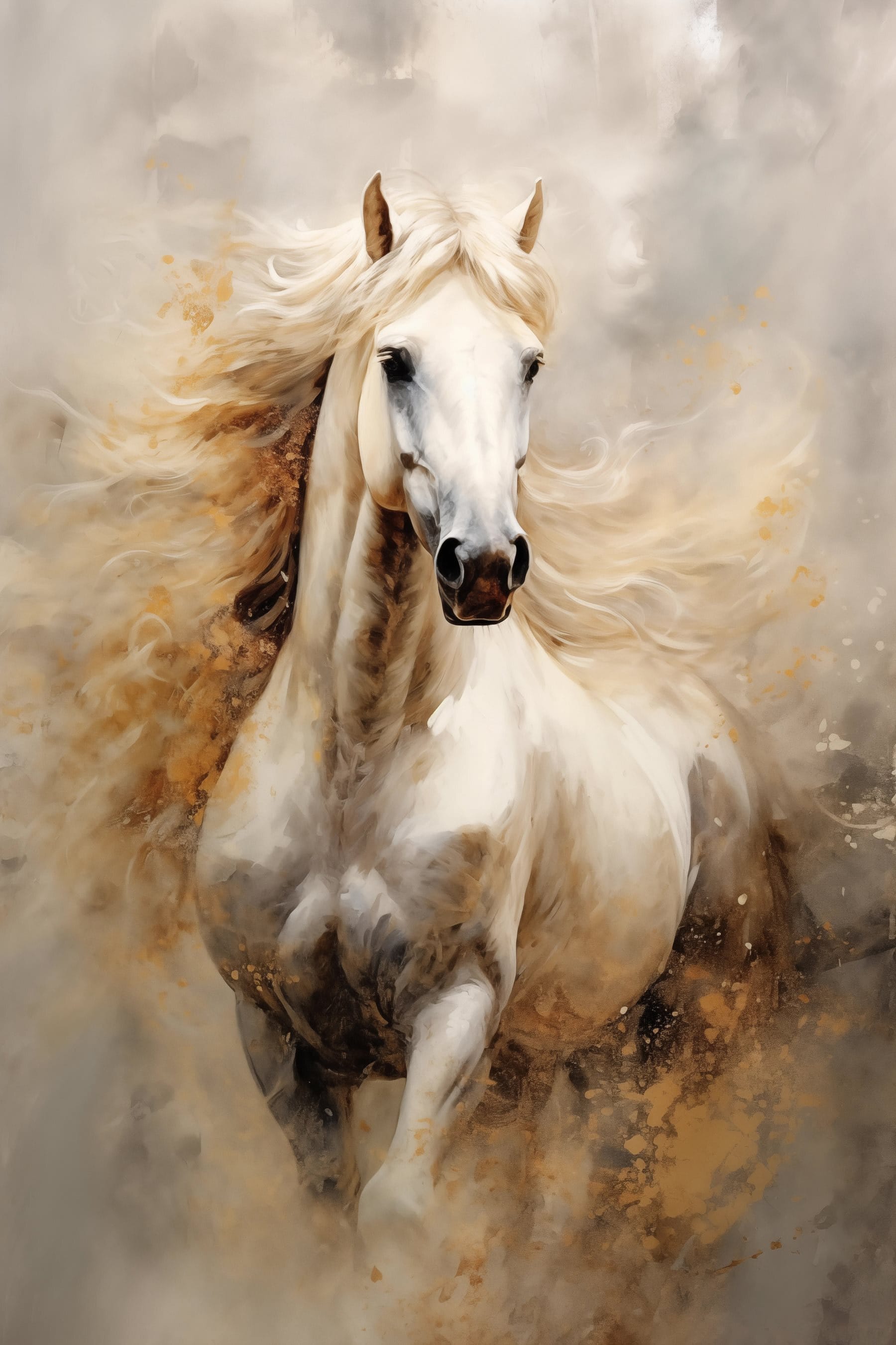 Painting of a white horse with a long mane Painting of a white horse with a long mane