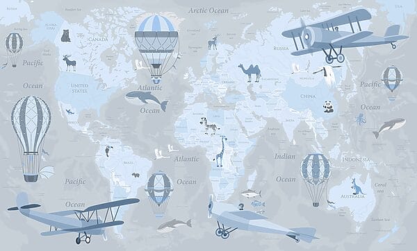 Mapa del mundo con diferentes tipos de aviones y animales Mapa del mundo con diferentes tipos de aviones y animales