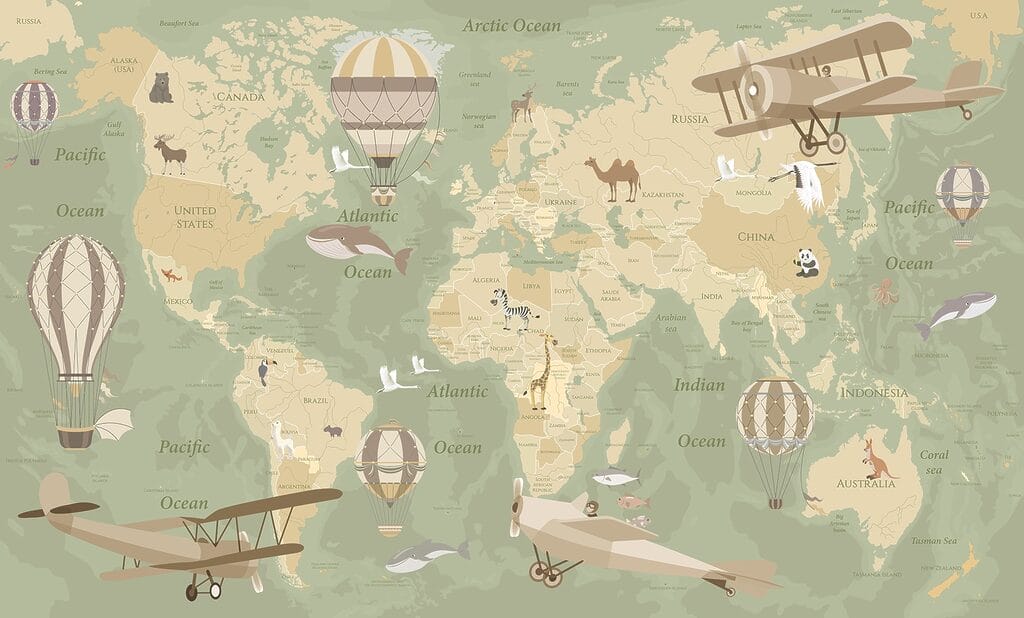 Un mapa del mundo con aviones y globos aerostáticos Un mapa del mundo con aviones y globos aerostáticos