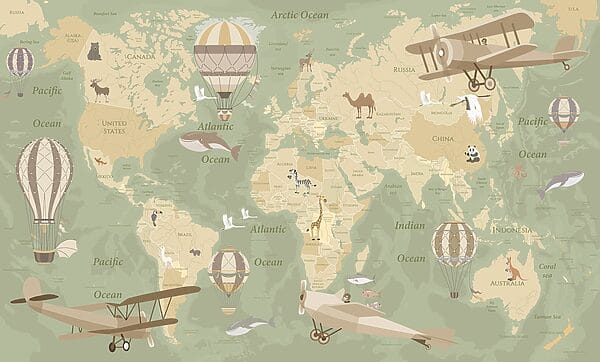 Un mapa del mundo con aviones y globos aerostáticos Un mapa del mundo con aviones y globos aerostáticos