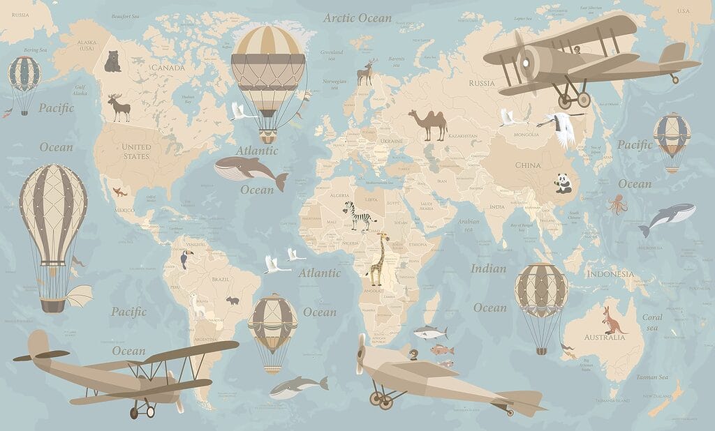 Mapa del mundo con aviones y globos aerostáticos Mapa del mundo con aviones y globos aerostáticos