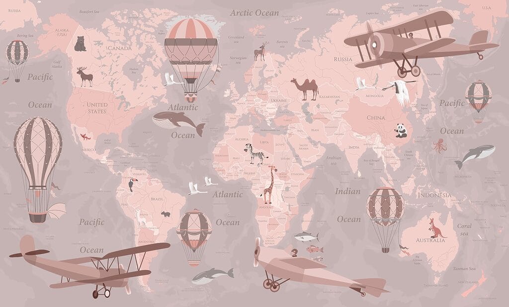 Un mapa del mundo con aviones y globos aerostáticos Un mapa del mundo con aviones y globos aerostáticos