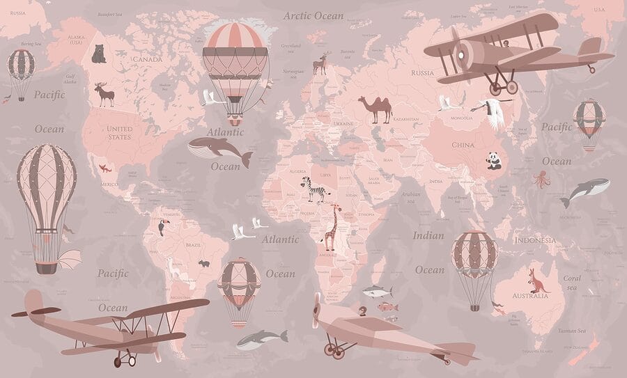 Un mapa del mundo con aviones y globos aerostáticos