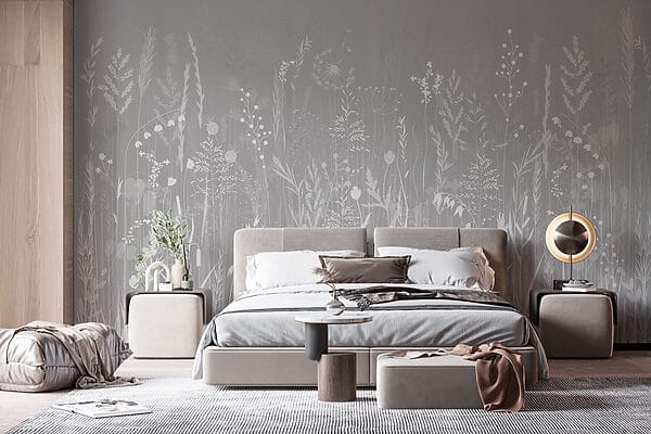 Fondo gris con hierba y flores Fondo gris con hierba y flores