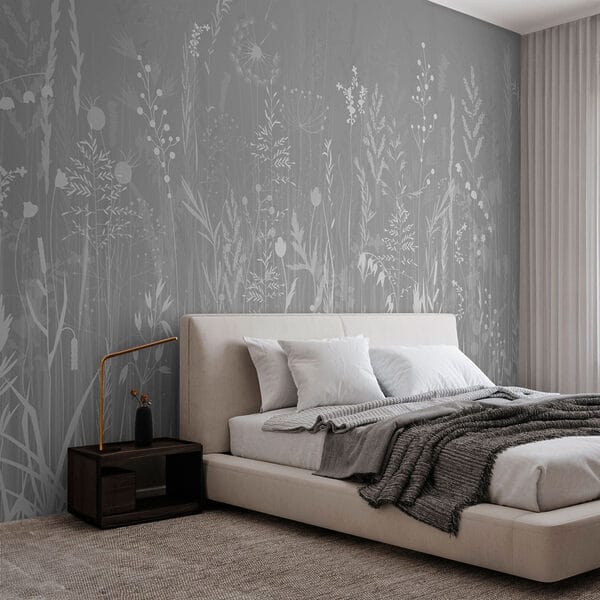 Fondo gris con hierba y flores Fondo gris con hierba y flores