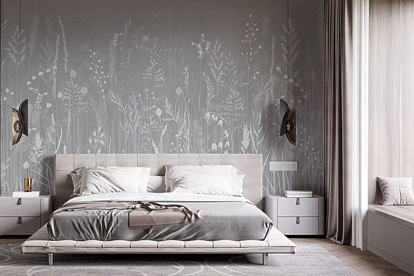 Fondo gris con hierba y flores Fondo gris con hierba y flores