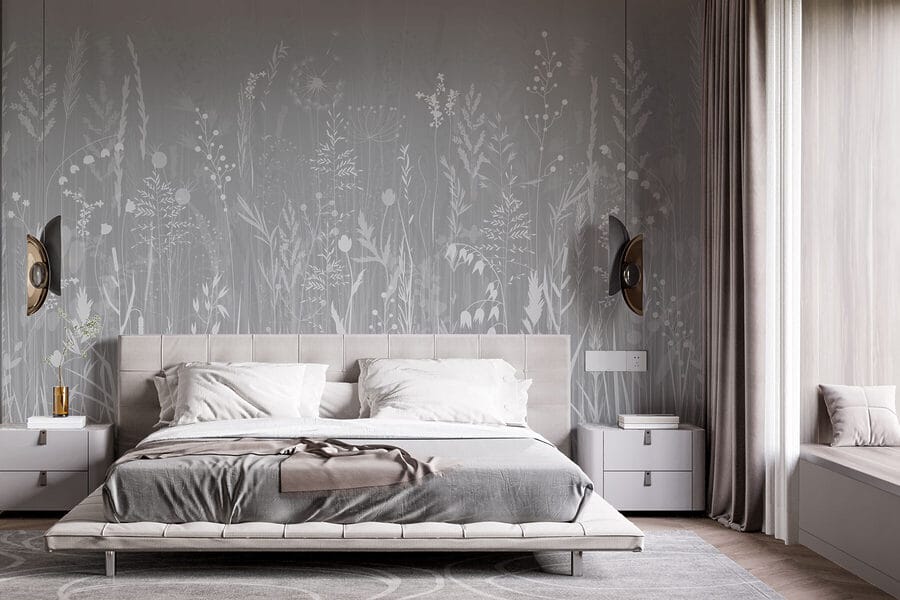 Fondo gris con hierba y flores