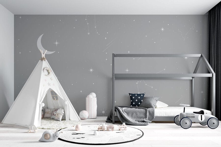 Cielo gris con estrellas y luna