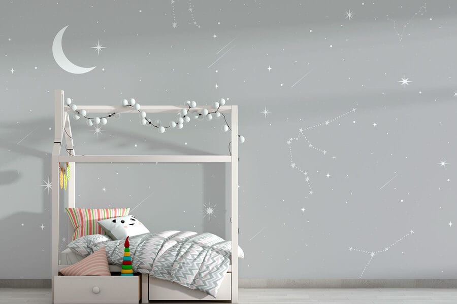 Cielo gris con estrellas y luna