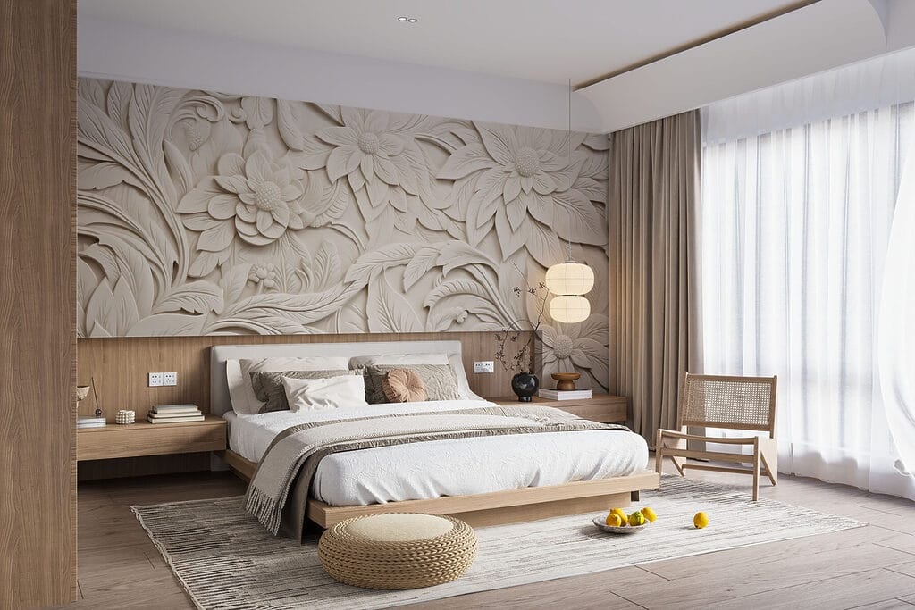 White wall with flowers and leaves White wall with flowers and leaves