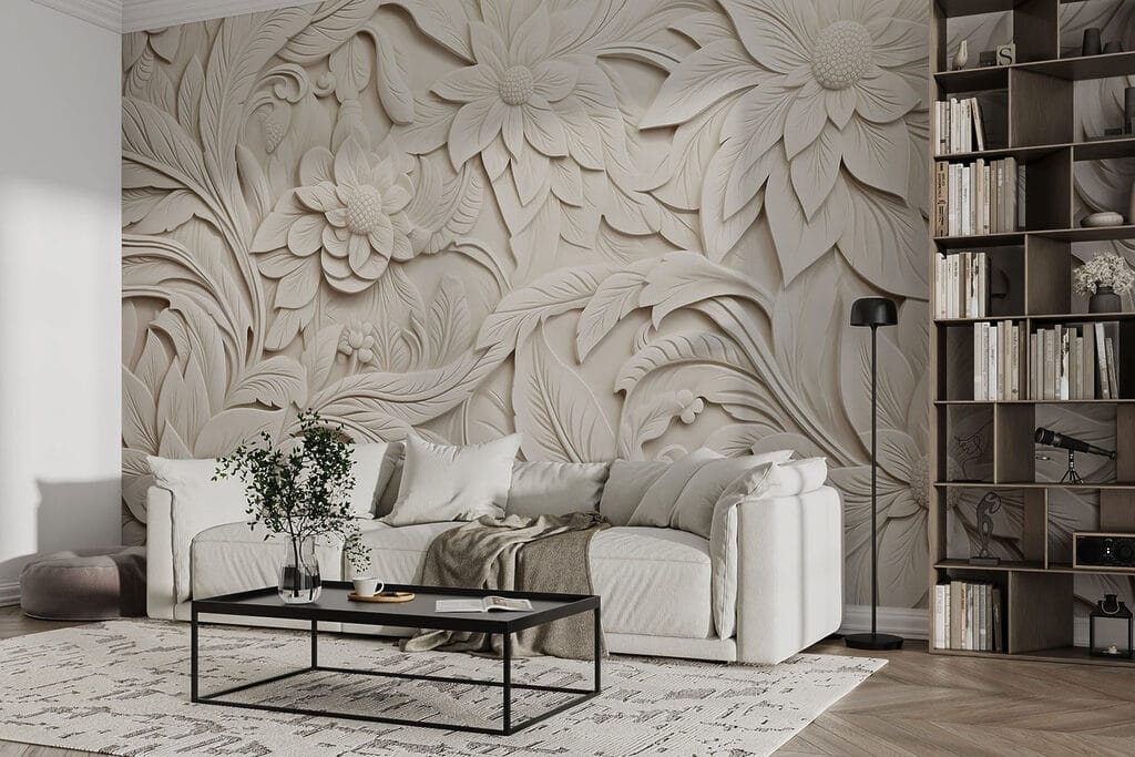 White wall with flowers and leaves White wall with flowers and leaves