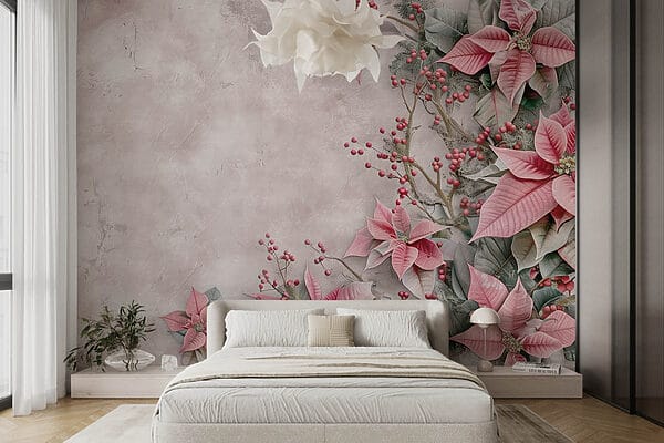 Flores y bayas rosas sobre una superficie blanca Flores y bayas rosas sobre una superficie blanca