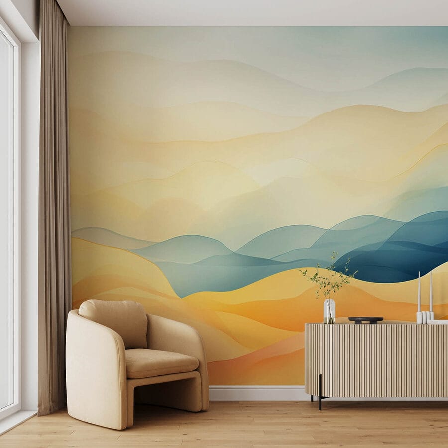Colinas de colores con olas azules y amarillas