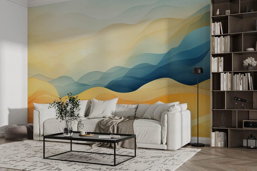 Colinas de colores con olas azules y amarillas