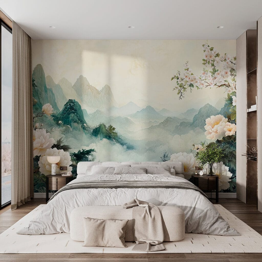 Painting of flowers and mountains Painting of flowers and mountains