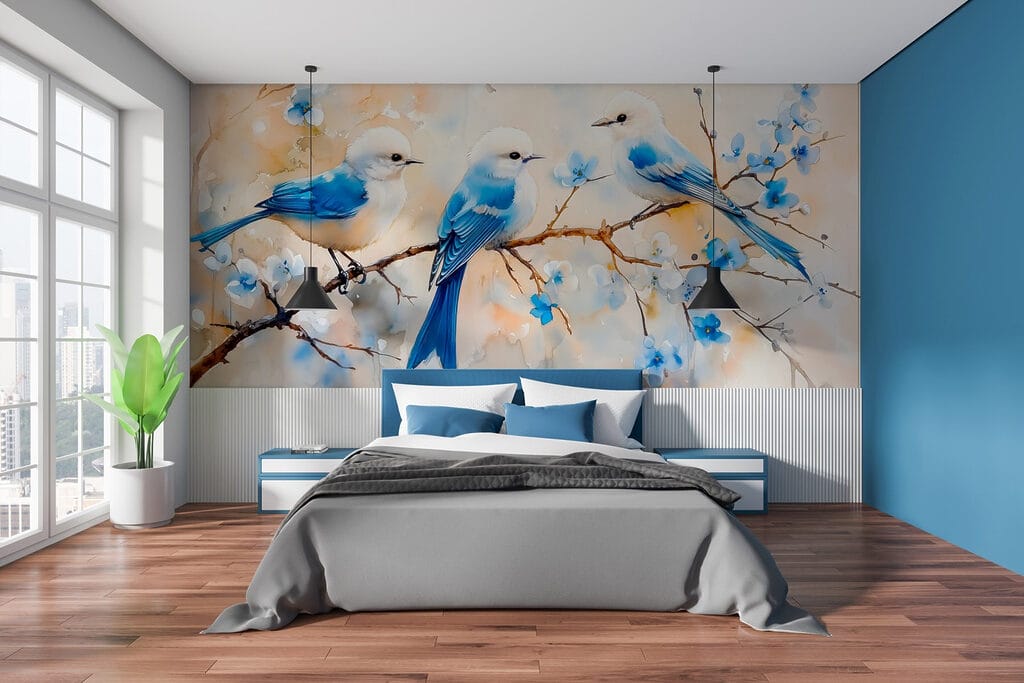 Group of blue birds on a branch