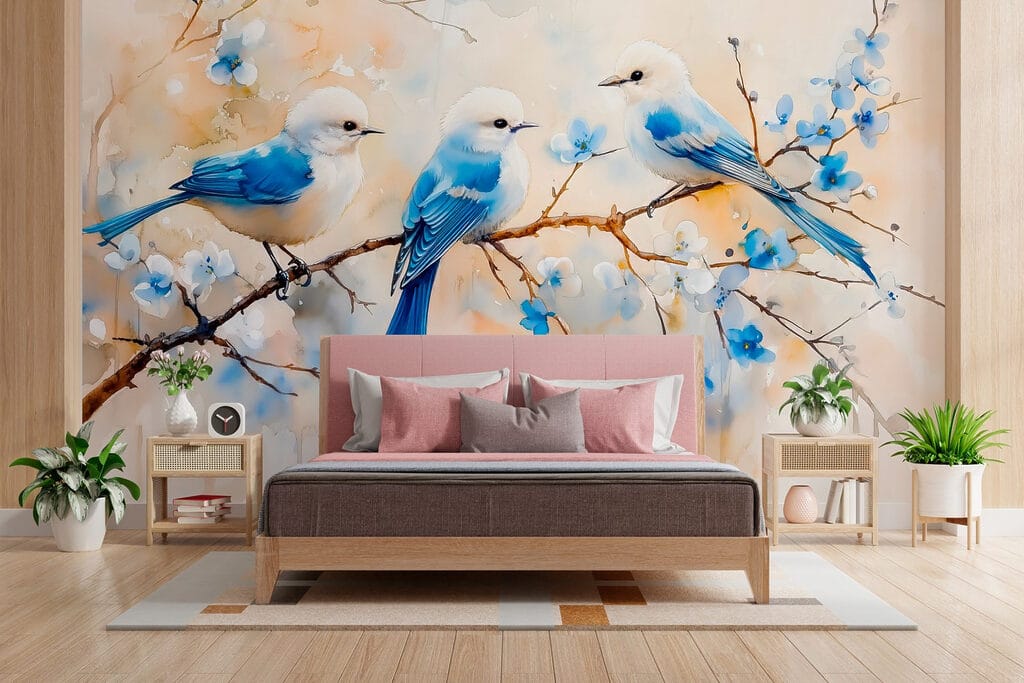 Group of blue birds on a branch