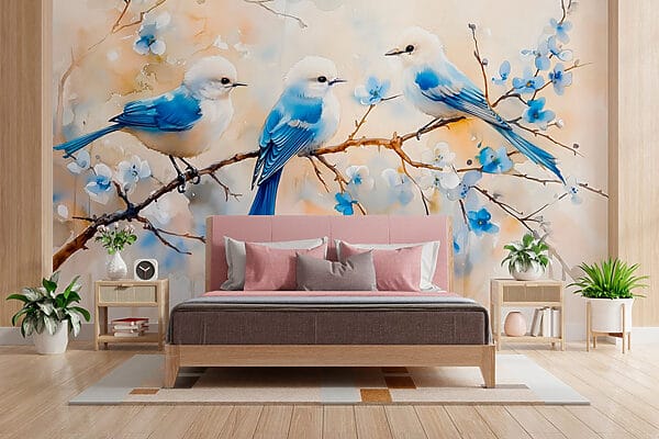 Group of blue birds on a branch