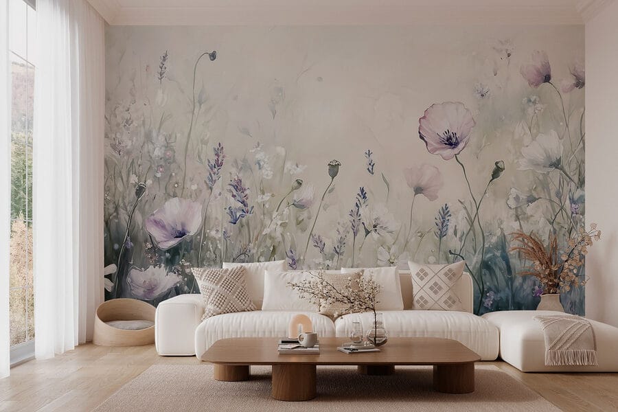 Pintura de flores en un campo