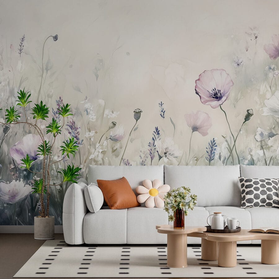 Pintura de flores en un campo