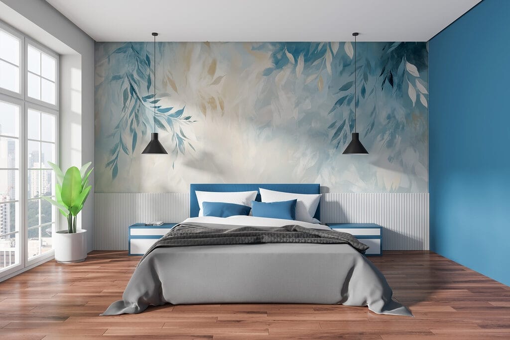 Blue and white background with leaves