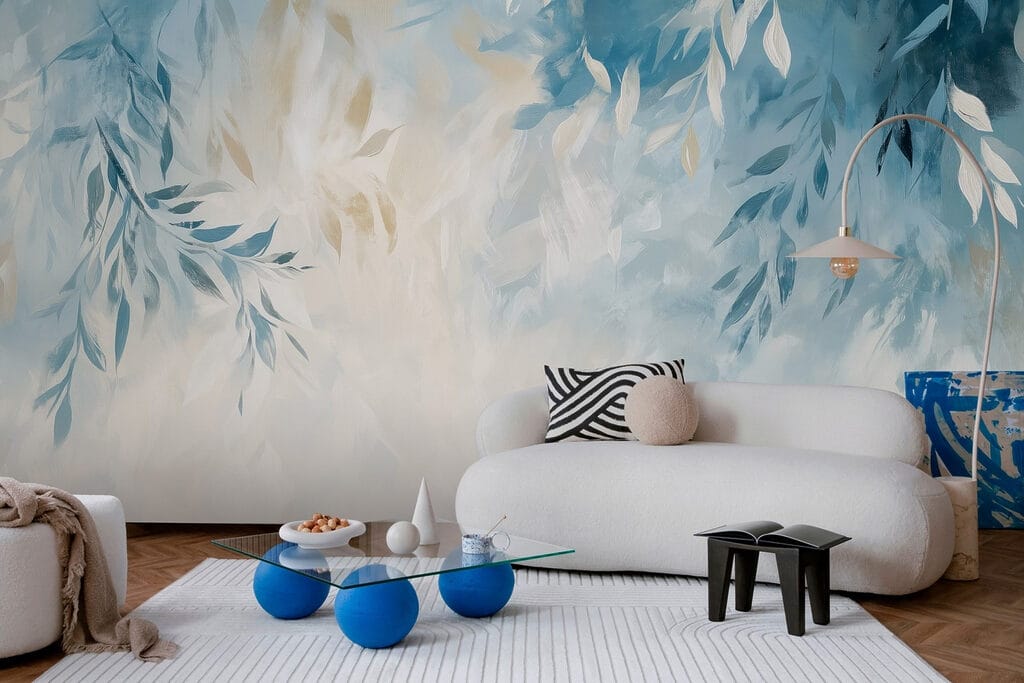 Blue and white background with leaves