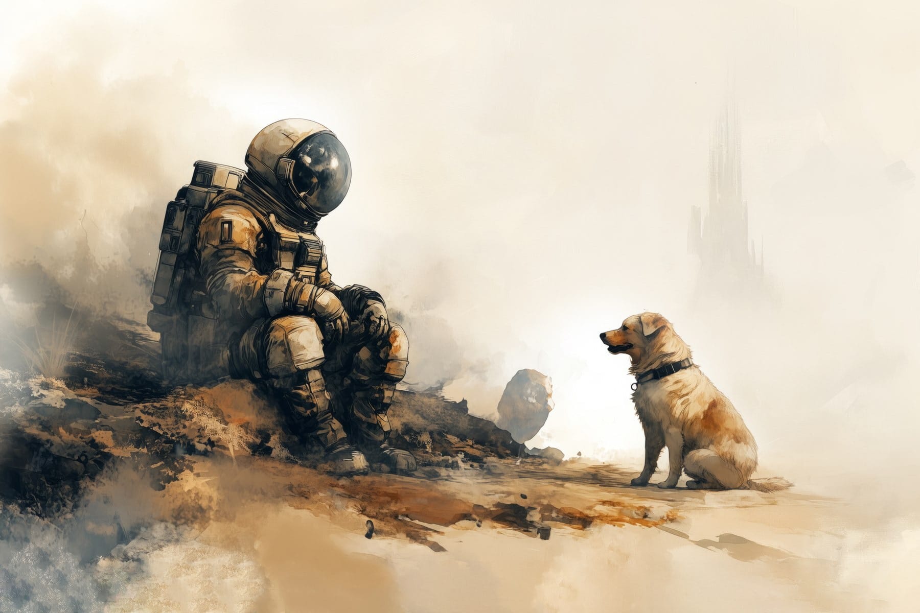 An astronaut sitting on a rock looking at a dog