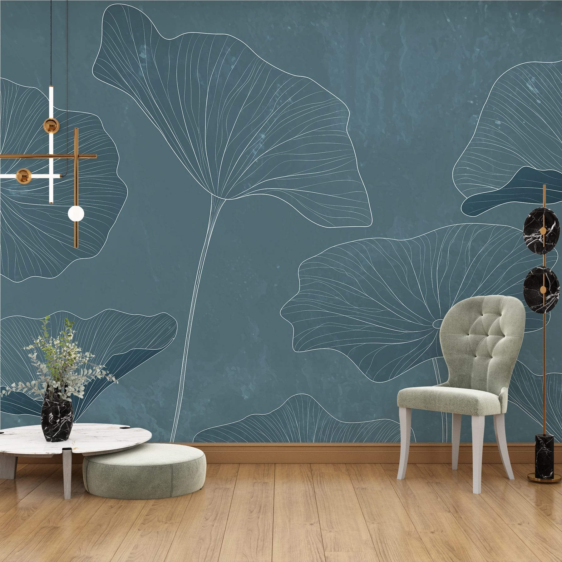 Drawing of leaves on a blue background Drawing of leaves on a blue background