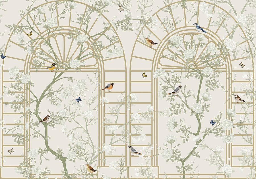 Papel pintado con una escalera y pájaros