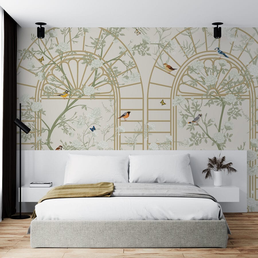 Papel pintado con una escalera y pájaros