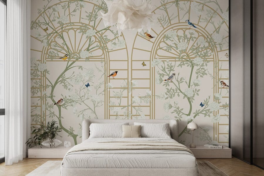 Papel pintado con una escalera y pájaros