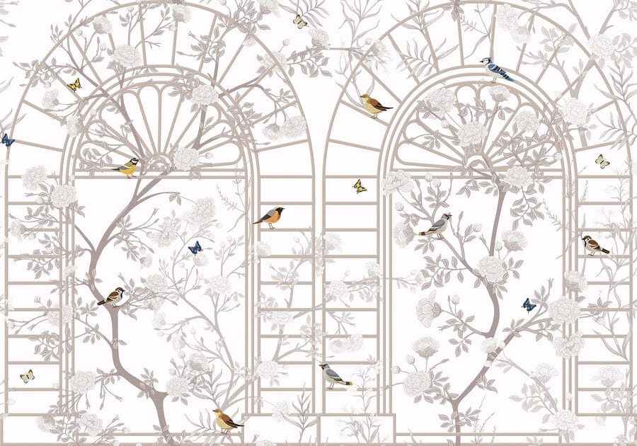 Papel pintado con una escalera y pájaros