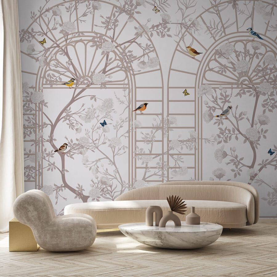 Papel pintado con una escalera y pájaros