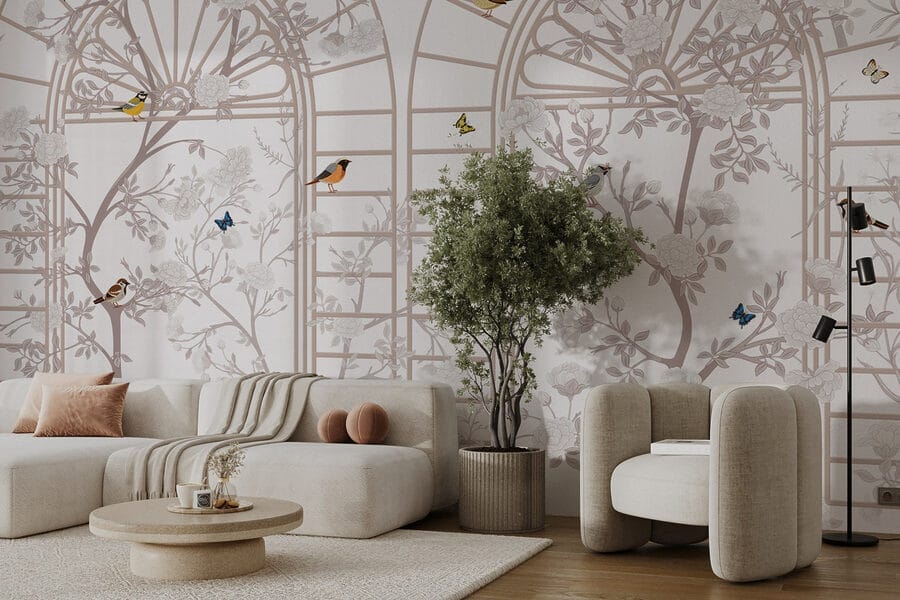 Papel pintado con una escalera y pájaros