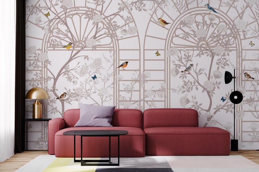 Papel pintado con una escalera y pájaros