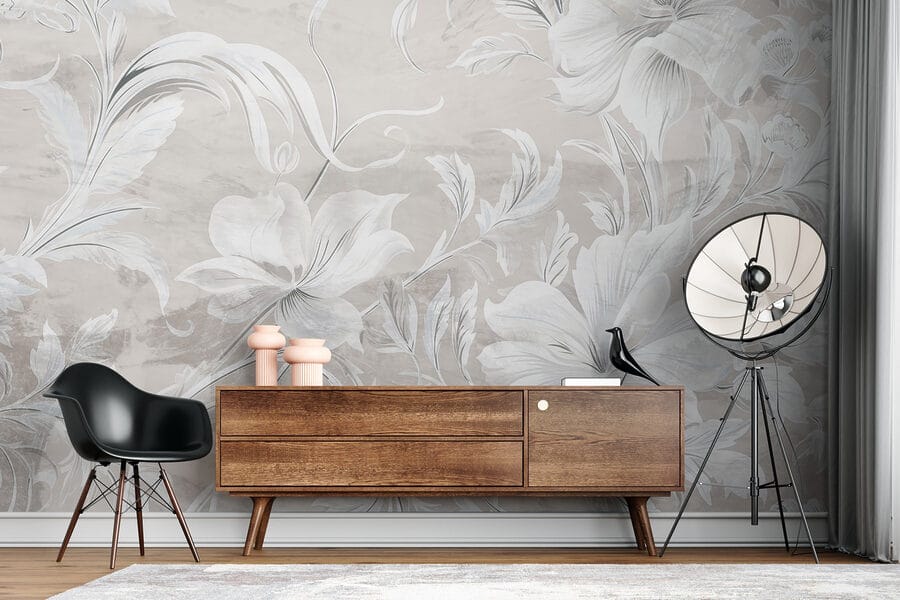 Motivo floral blanco y gris